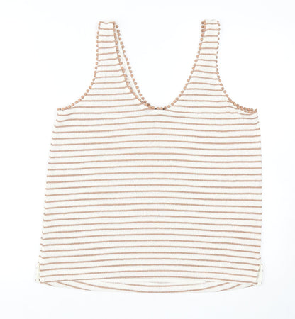 Marks & Spencer Womens Beige Striped Viscose Basic Tank Size 14 Scoop Neck