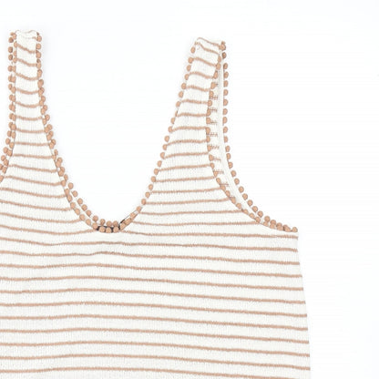 Marks & Spencer Womens Beige Striped Viscose Basic Tank Size 14 Scoop Neck