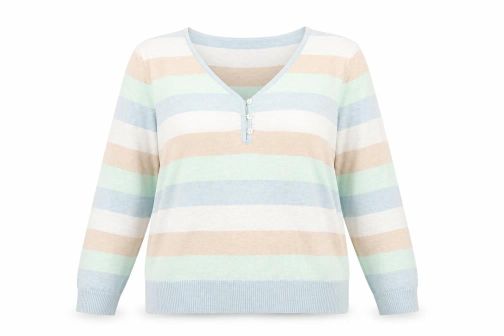 b.young Womens Multicoloured V-Neck Striped Acrylic Pullover Jumper Size XL