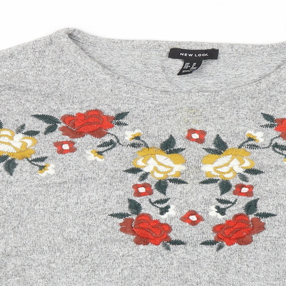 New Look Womens Grey Round Neck Polyester Pullover Jumper Size M - Flower Detail