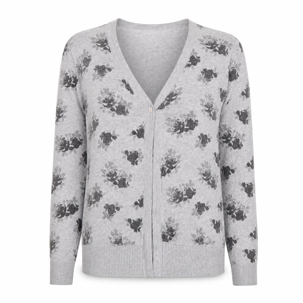 Allen Solly Womens Grey V-Neck Floral Cotton Cardigan Jumper Size S