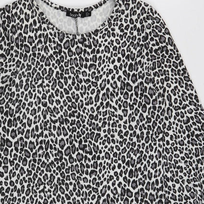 Boohoo Womens Black Animal Print Polyester Shift Size 8 Boat Neck Pullover - Leopard Print