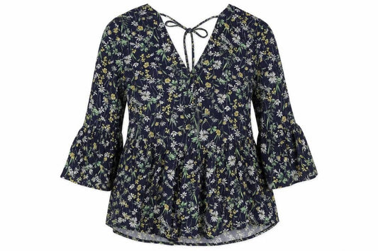 F&F Womens Blue Floral Viscose Basic Blouse Size 6 V-Neck