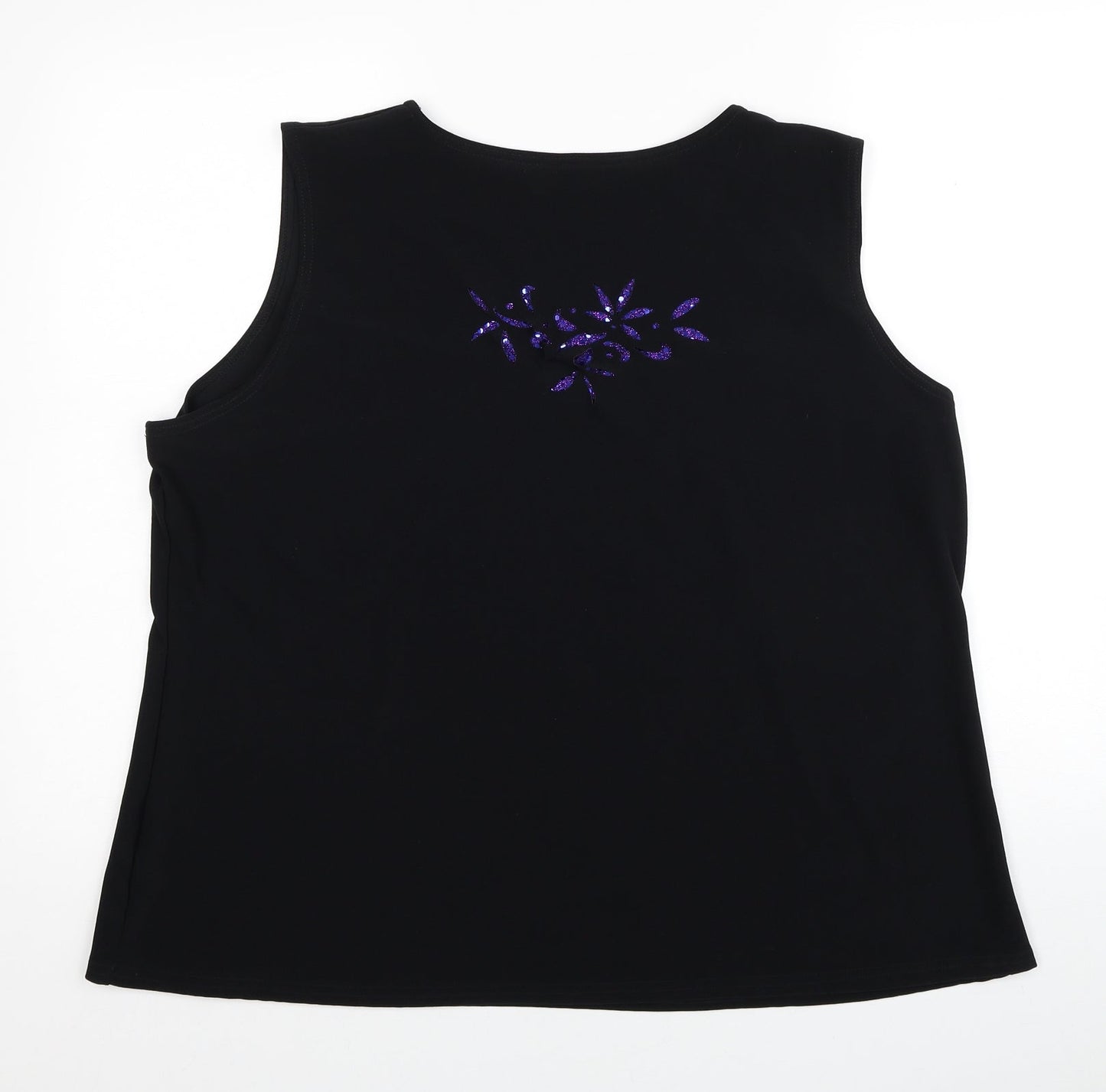 Anne Smith Womens Black Floral Polyester Basic Tank Size 3XL Round Neck