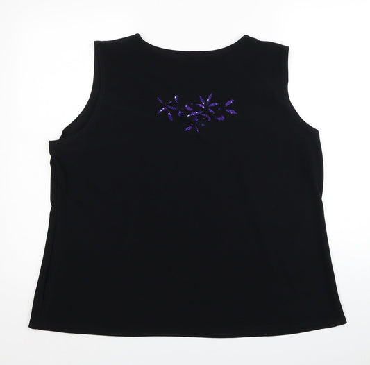 Anne Smith Womens Black Floral Polyester Basic Tank Size 3XL Round Neck