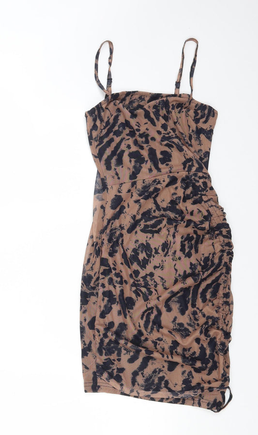 Mana Womens Brown Animal Print Polyester Mini Size 6 Square Neck Pullover