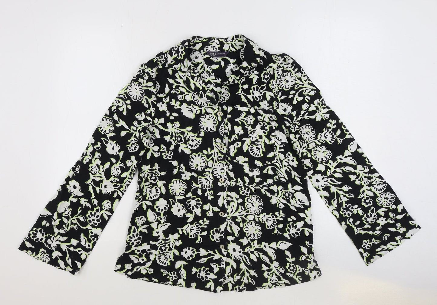 Marks and Spencer Womens Black Floral Viscose Basic Button-Up Size 6 Collared