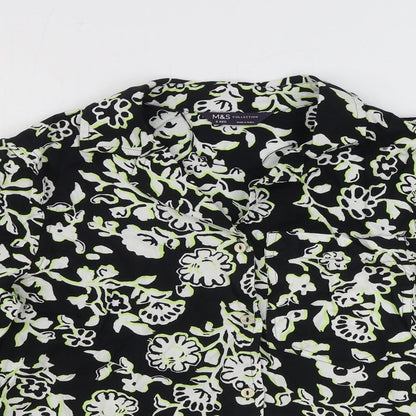 Marks & Spencer Womens Black Floral Viscose Basic Button-Up Size 6 Collared