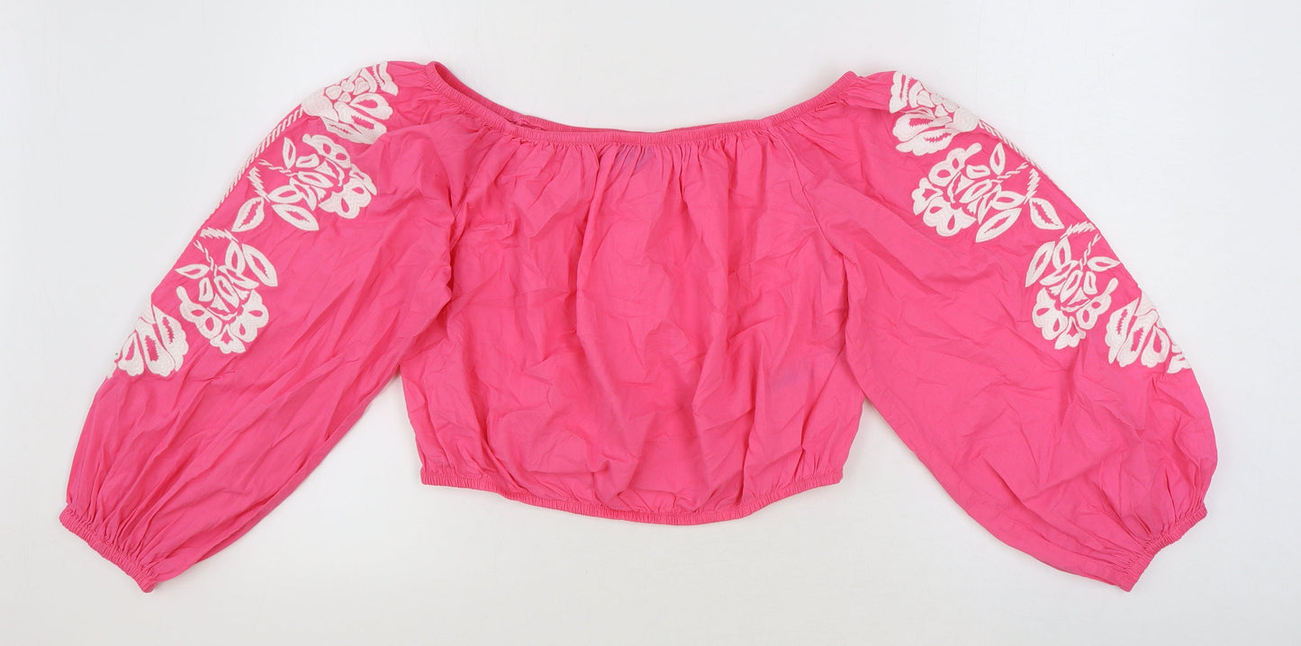 Marks and Spencer Womens Pink Floral 100% Cotton Cropped Blouse Size 16 Off the Shoulder