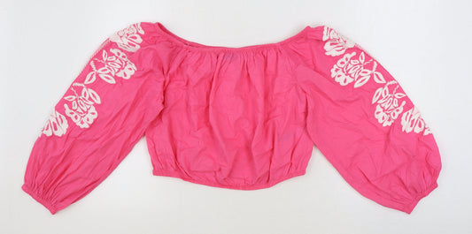 Marks and Spencer Womens Pink Floral 100% Cotton Cropped Blouse Size 16 Off the Shoulder