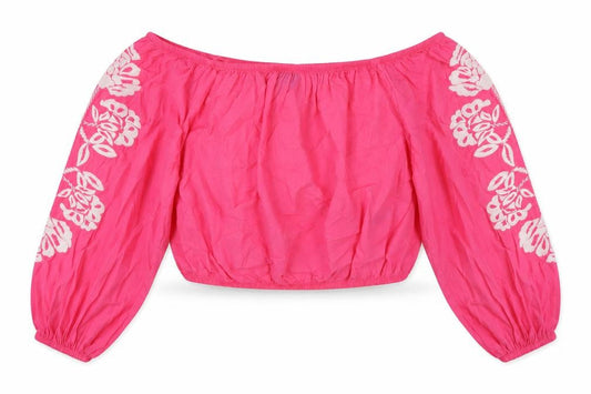 Marks and Spencer Womens Pink Floral 100% Cotton Cropped Blouse Size 16 Off the Shoulder