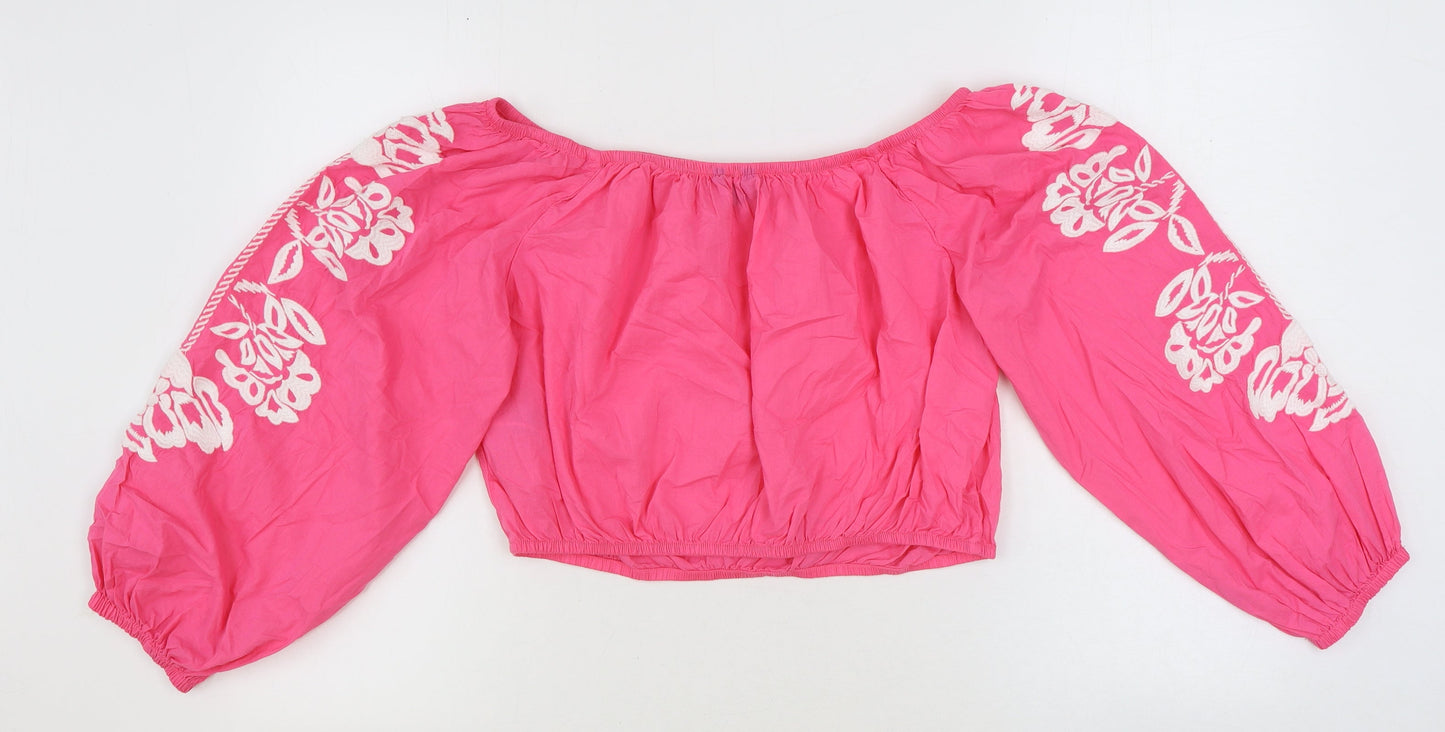 Marks and Spencer Womens Pink Floral 100% Cotton Cropped Blouse Size 16 Off the Shoulder