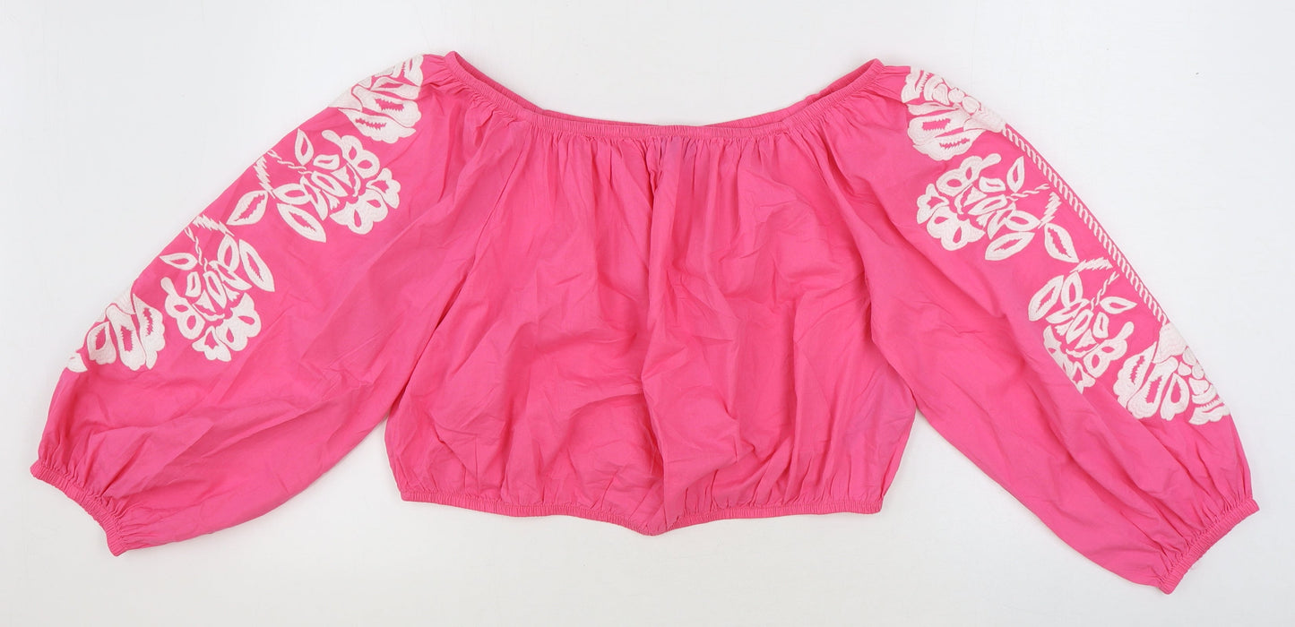 Marks and Spencer Womens Pink 100% Cotton Cropped Blouse Size 20 Boat Neck - Flower Detail