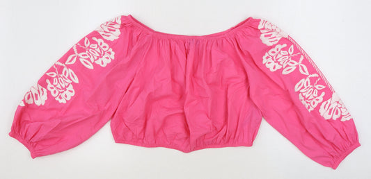 Marks and Spencer Womens Pink 100% Cotton Cropped Blouse Size 20 Boat Neck - Flower Detail
