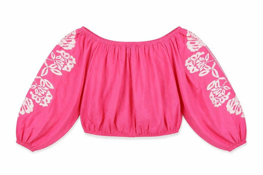 Marks and Spencer Womens Pink 100% Cotton Cropped Blouse Size 20 Boat Neck - Flower Detail