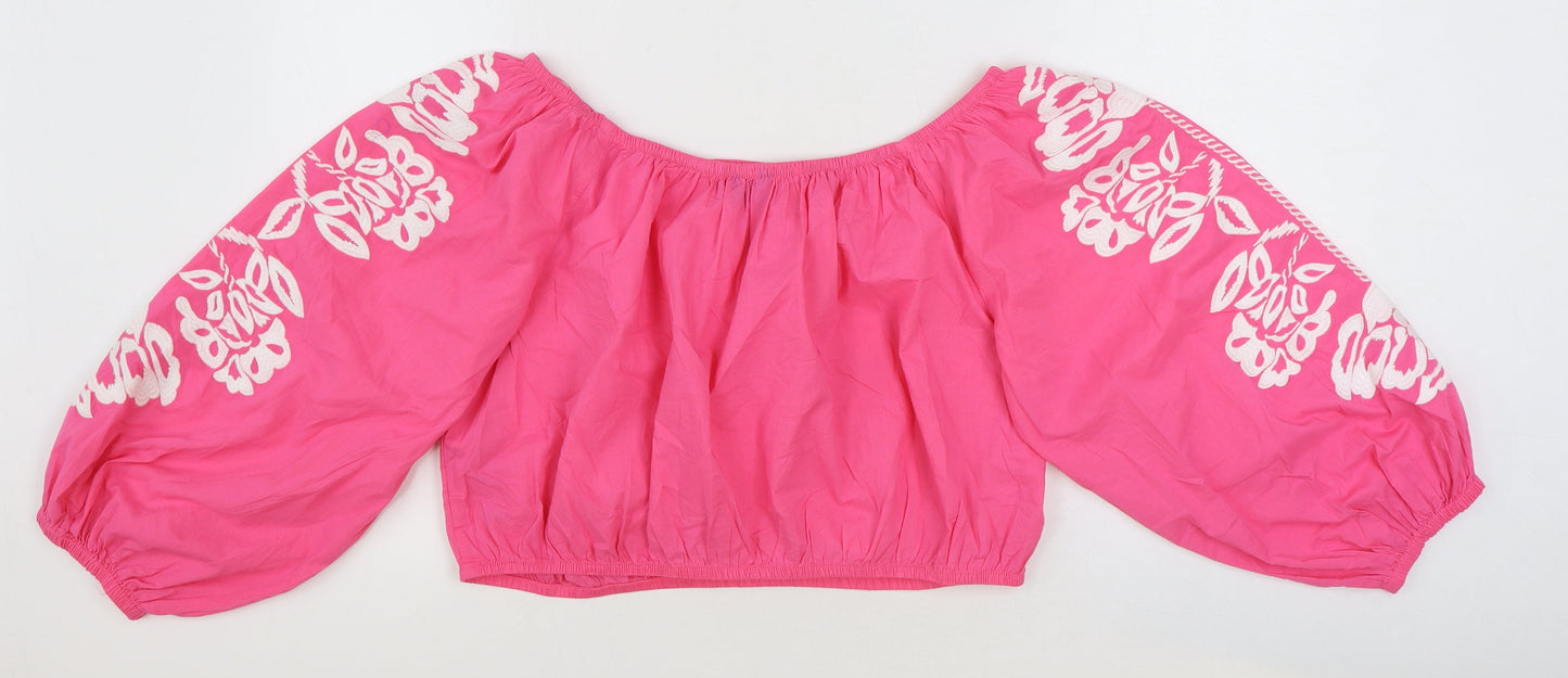 Marks and Spencer Womens Pink 100% Cotton Cropped Blouse Size 20 Boat Neck - Flower Detail