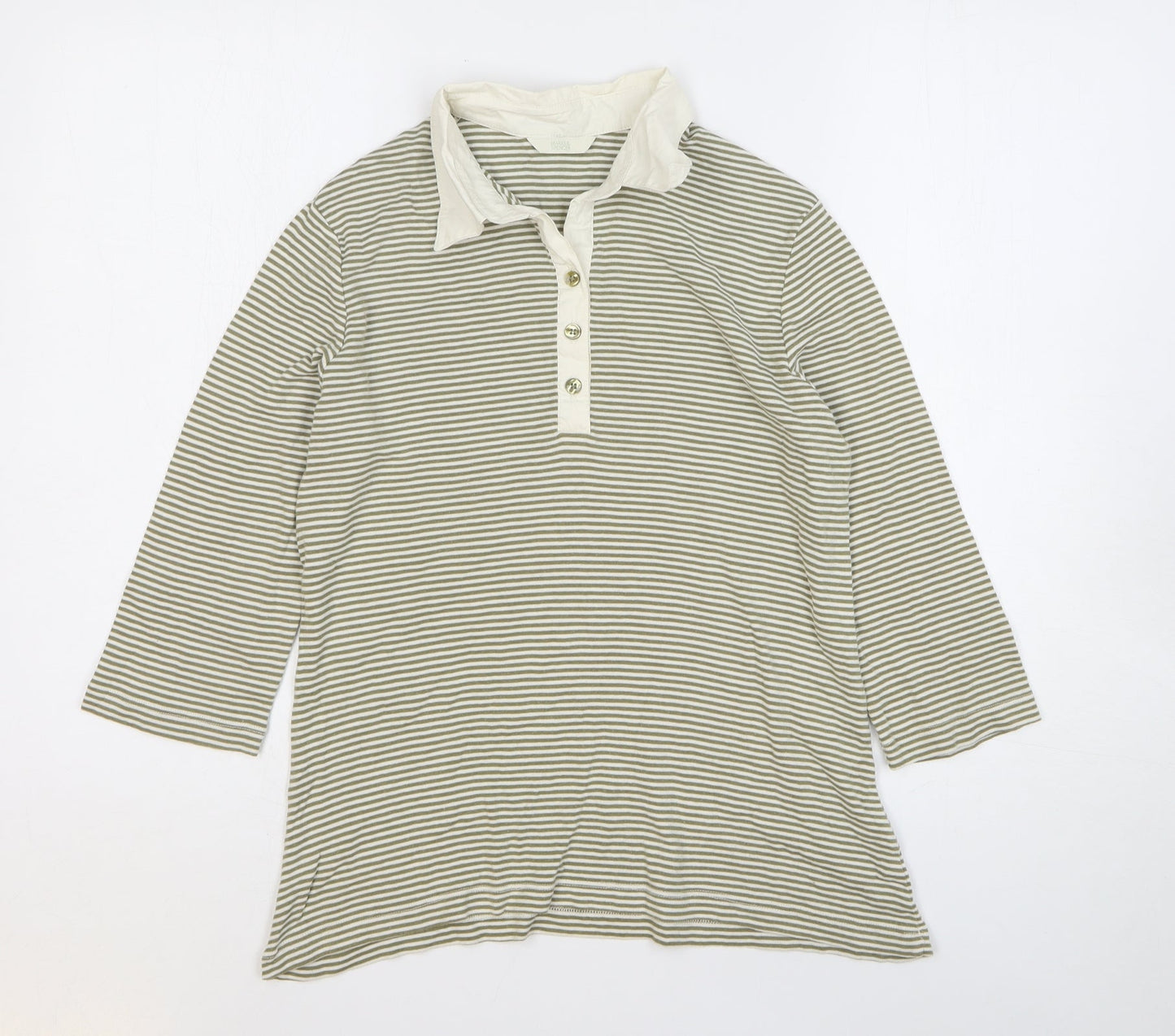 Marks and Spencer Womens Green Striped Cotton Basic Polo Size 14 Collared