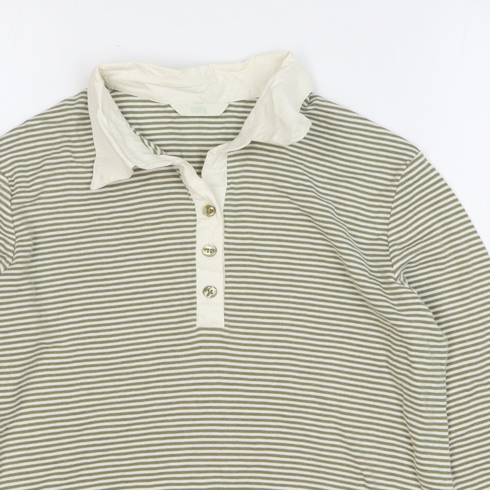 Marks and Spencer Womens Green Striped Cotton Basic Polo Size 14 Collared