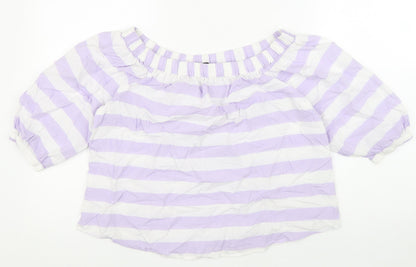 Marks & Spencer Womens Purple Striped 100% Cotton Basic Blouse Size 8 Boat Neck