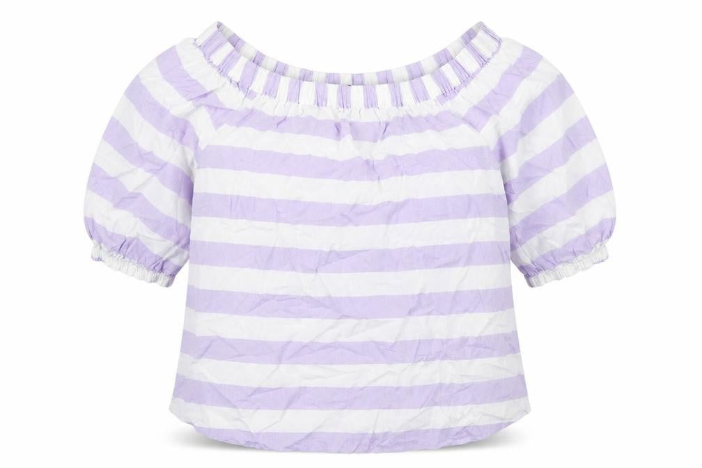 Marks & Spencer Womens Purple Striped 100% Cotton Basic Blouse Size 8 Boat Neck