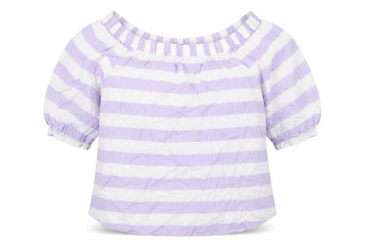 Marks and Spencer Womens Purple Striped 100% Cotton Basic Blouse Size 8 Boat Neck