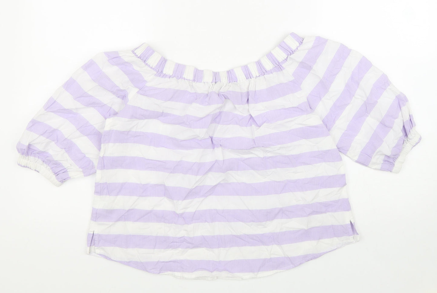 Marks and Spencer Womens Purple Striped 100% Cotton Basic Blouse Size 8 Boat Neck