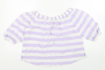 Marks & Spencer Womens Purple Striped 100% Cotton Basic Blouse Size 8 Boat Neck