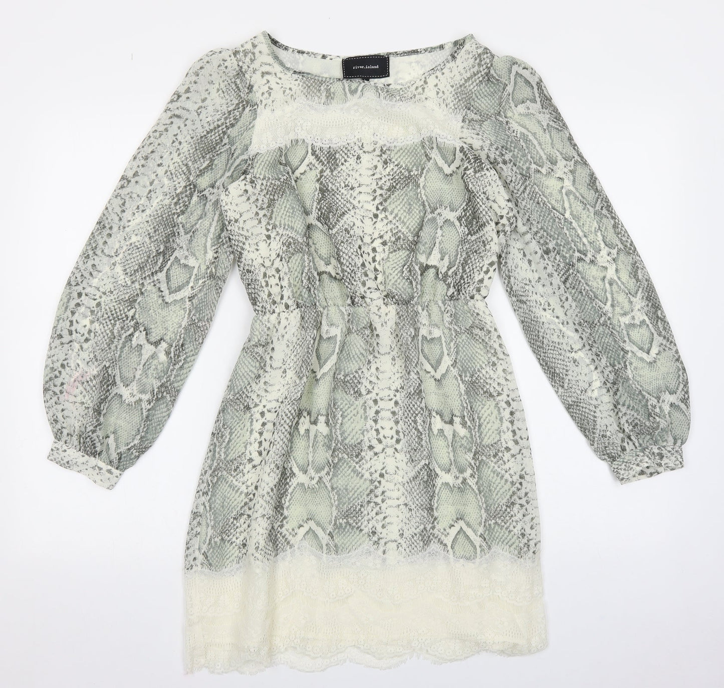 River Island Womens Green Animal Print Polyester Fit & Flare Size 6 Round Neck Pullover - Snakeskin Pattern