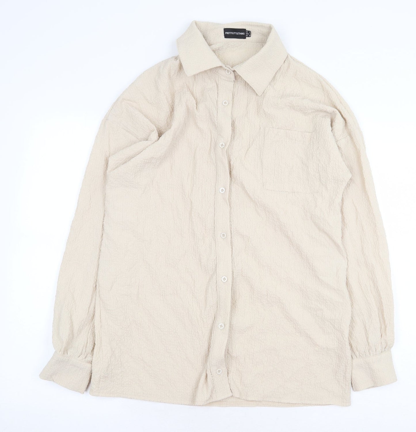 PRETTYLITTLETHING Womens Beige Polyester Basic Button-Up Size 8 Collared