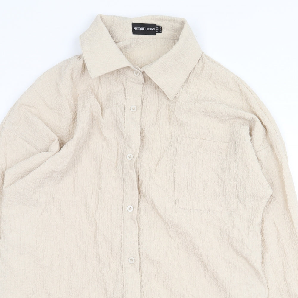 PRETTYLITTLETHING Womens Beige Polyester Basic Button-Up Size 8 Collared