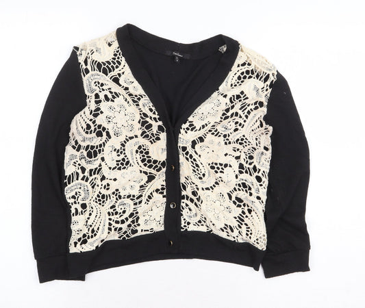 Momteau Womens Black V-Neck Floral Cotton Cardigan Jumper Size S