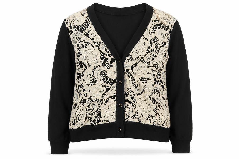 Momteau Womens Black V-Neck Floral Cotton Cardigan Jumper Size S