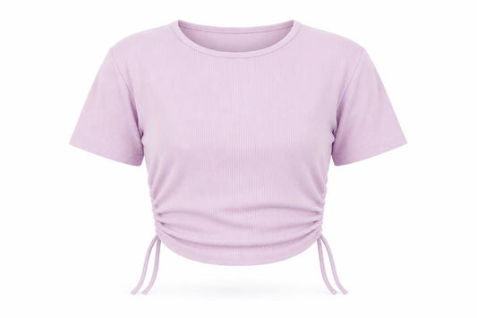 I SAW IT FIRST Womens Purple Polyester Cropped T-Shirt Size 6 Round Neck - Ribbed Side Tie Ruched