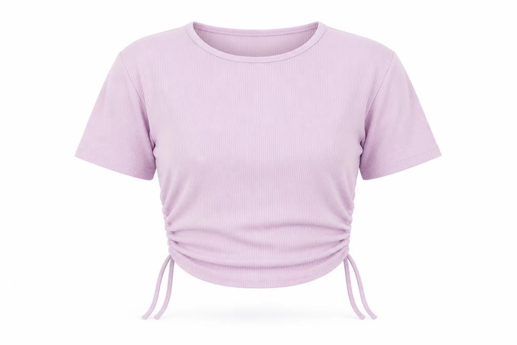 I SAW IT FIRST Womens Purple Polyester Cropped T-Shirt Size 6 Round Neck - Ribbed Side Tie Ruched
