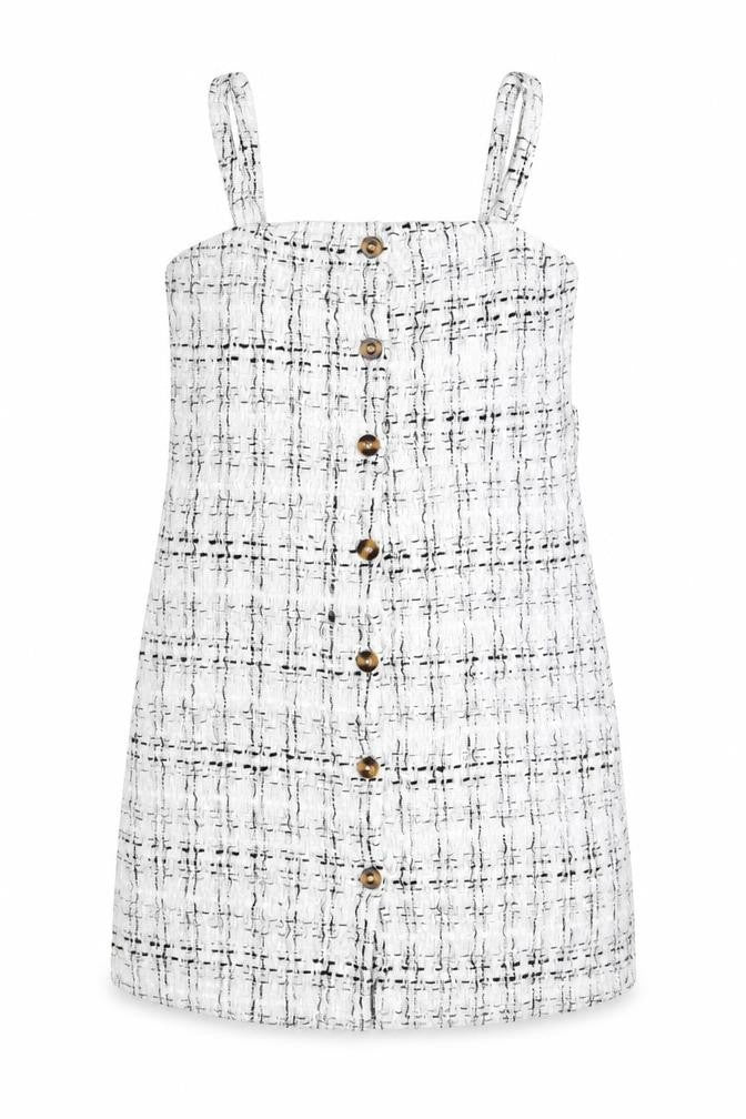 SheIn Girls White Geometric Polyester Pinafore/Dungaree Dress Size 11-12 Years Square Neck Button