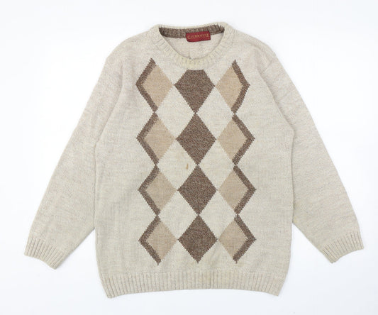 Clubhouse Mens Beige Round Neck Argyle/Diamond Acrylic Pullover Jumper Size S