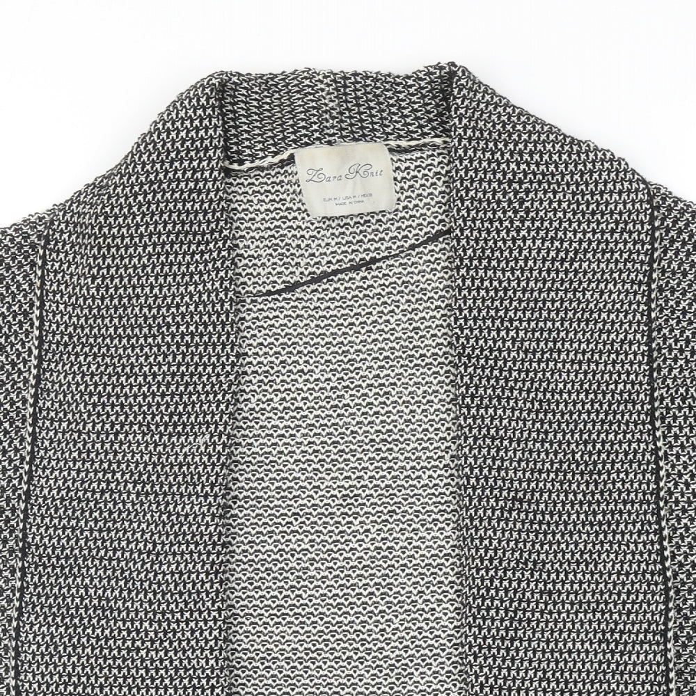Zara Womens Black V-Neck Geometric Cotton Cardigan Jumper Size M