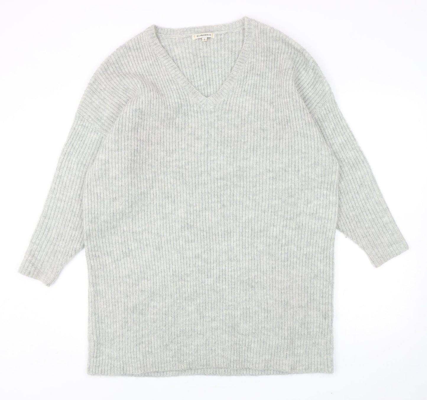 Glamorous Womens Grey V-Neck Acrylic Pullover Jumper Size S