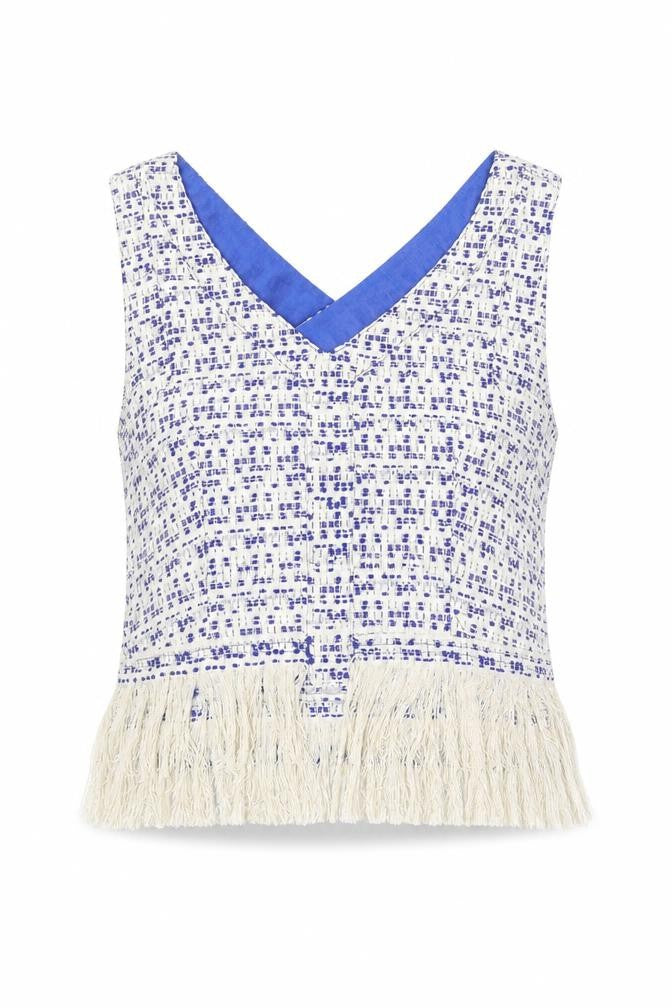 Drole de copine Womens Blue Geometric Polyester Basic Blouse Size S V-Neck