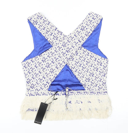 Drole de copine Womens Blue Geometric Polyester Basic Blouse Size S V-Neck