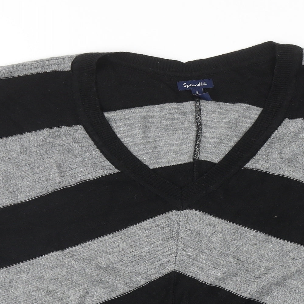Splendid Womens Black V-Neck Striped Nylon Pullover Jumper Size M