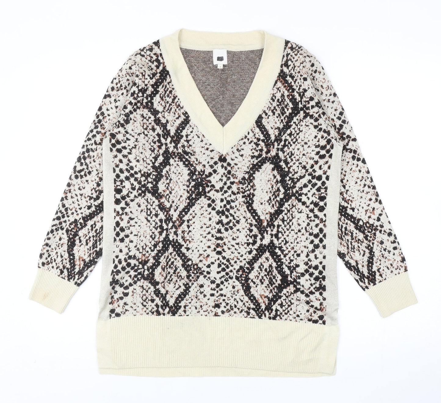 River Island Womens Beige V-Neck Animal Print Viscose Pullover Jumper Size 6 - Snakeskin Pattern