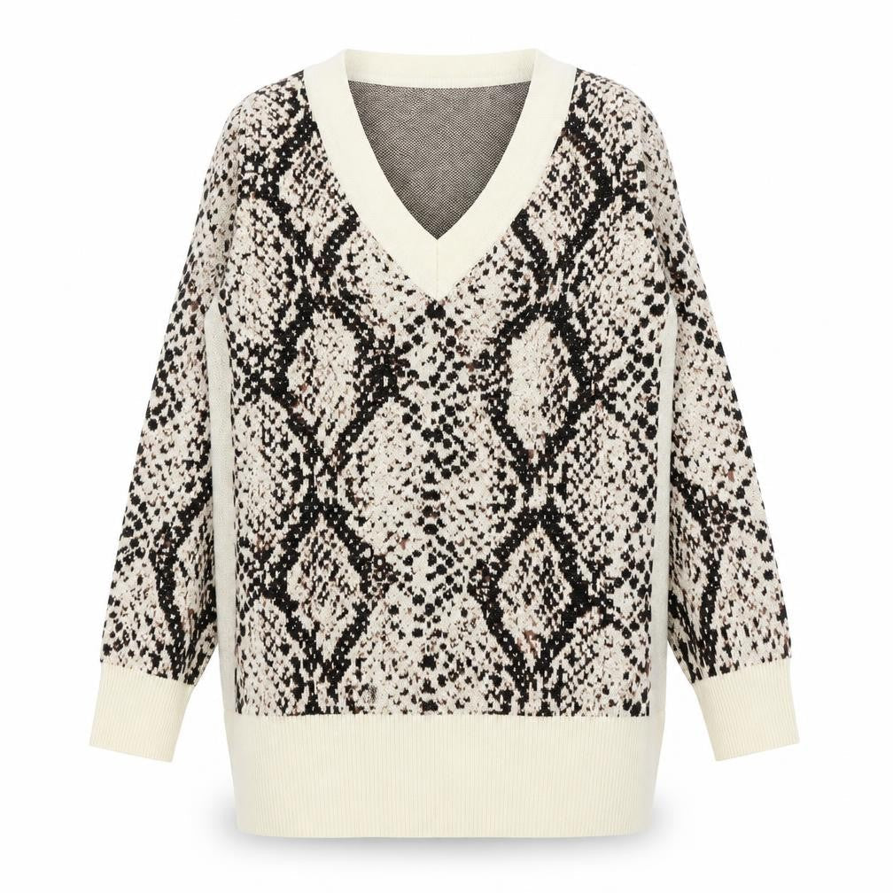 River Island Womens Beige V-Neck Animal Print Viscose Pullover Jumper Size 6 - Snakeskin Pattern