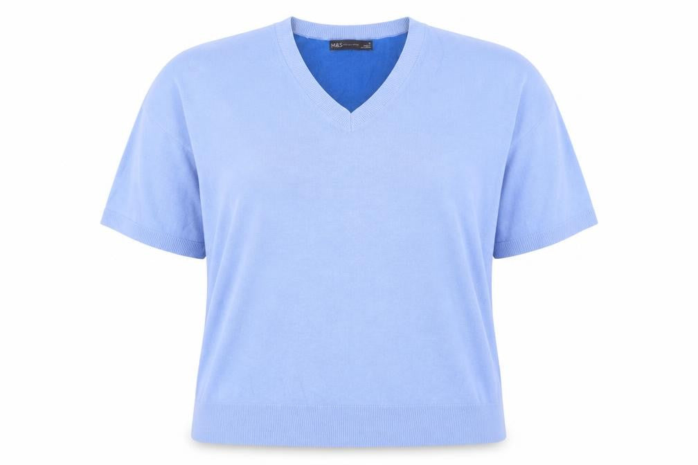 Marks & Spencer Womens Blue V-Neck Viscose Pullover Jumper Size 18 - Colourblock