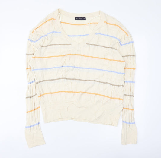 Marks and Spencer Womens Multicoloured V-Neck Striped Viscose Pullover Jumper Size L