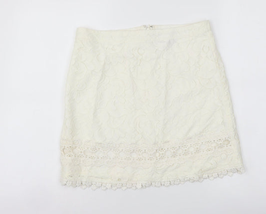 Topshop Womens Ivory Polyamide A-Line Skirt Size 10 Zip - Lace Detail