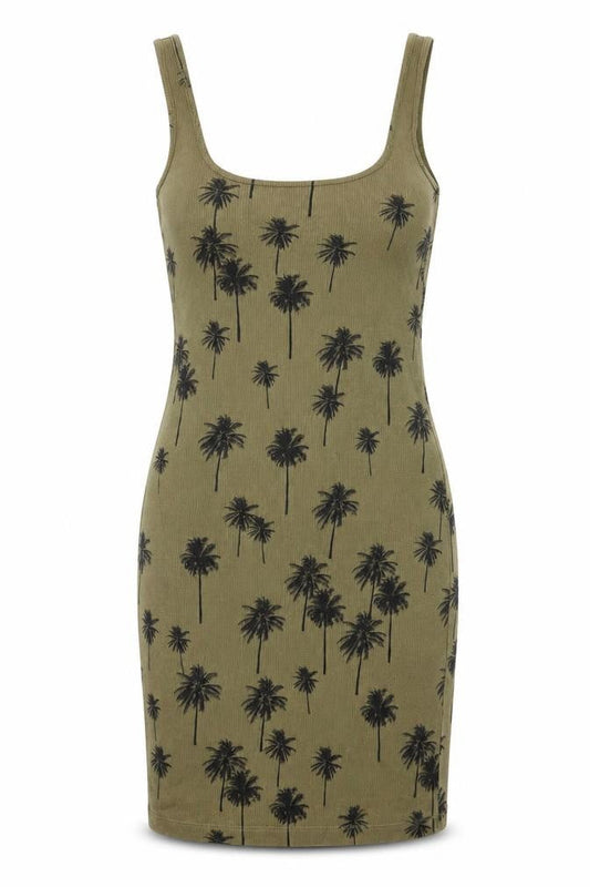 Topshop Womens Green Floral Cotton Tank Dress Size 6 Scoop Neck Pullover - Palm Tree Print