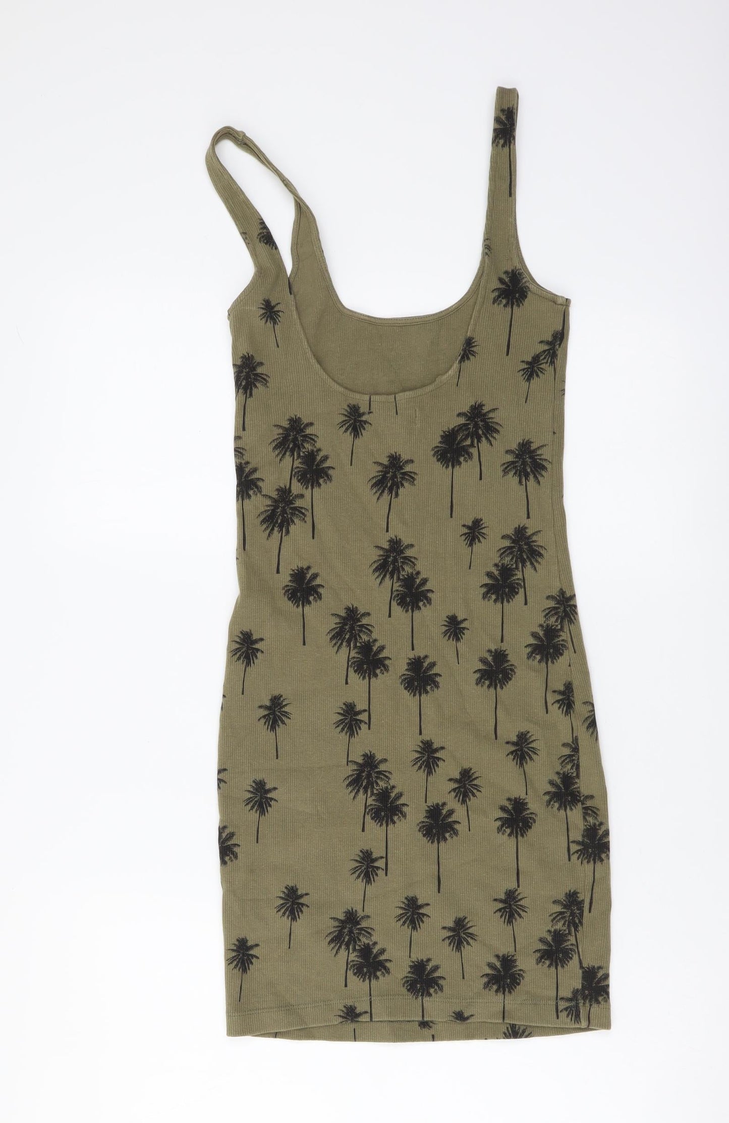Topshop Womens Green Floral Cotton Tank Dress Size 6 Scoop Neck Pullover - Palm Tree Print
