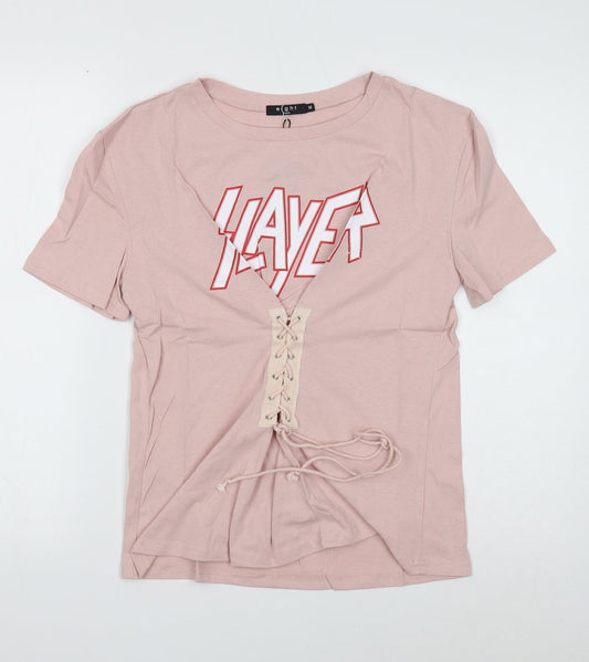 Eight Paris Womens Pink Cotton Basic T-Shirt Size M Round Neck - Slayer Lace up
