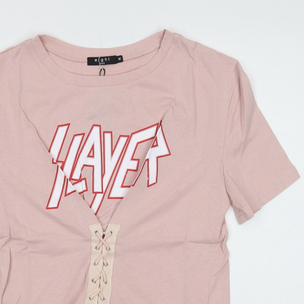 Eight Paris Womens Pink Cotton Basic T-Shirt Size M Round Neck - Slayer Lace up